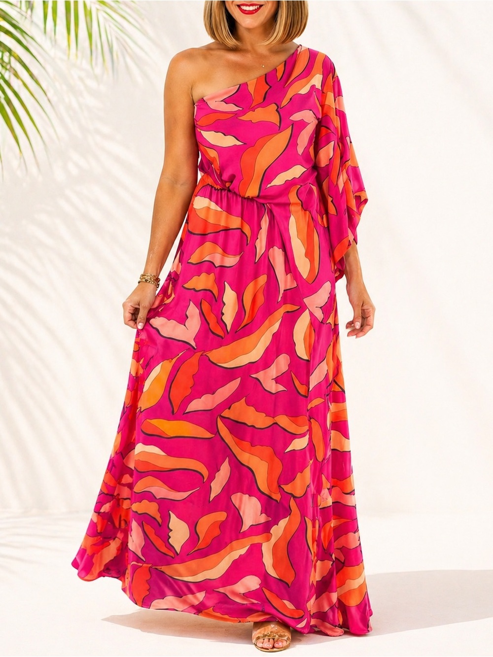 Pink One Shoulder Maxi Dress Abstract Print Bright Summer Vacation Resort